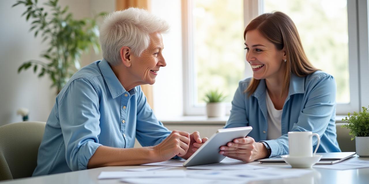Persona anziana assistita da un consulente nella compilazione di moduli