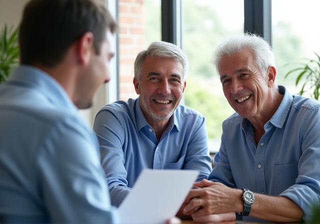 Consulente esperto che assiste una coppia di anziani in ufficio